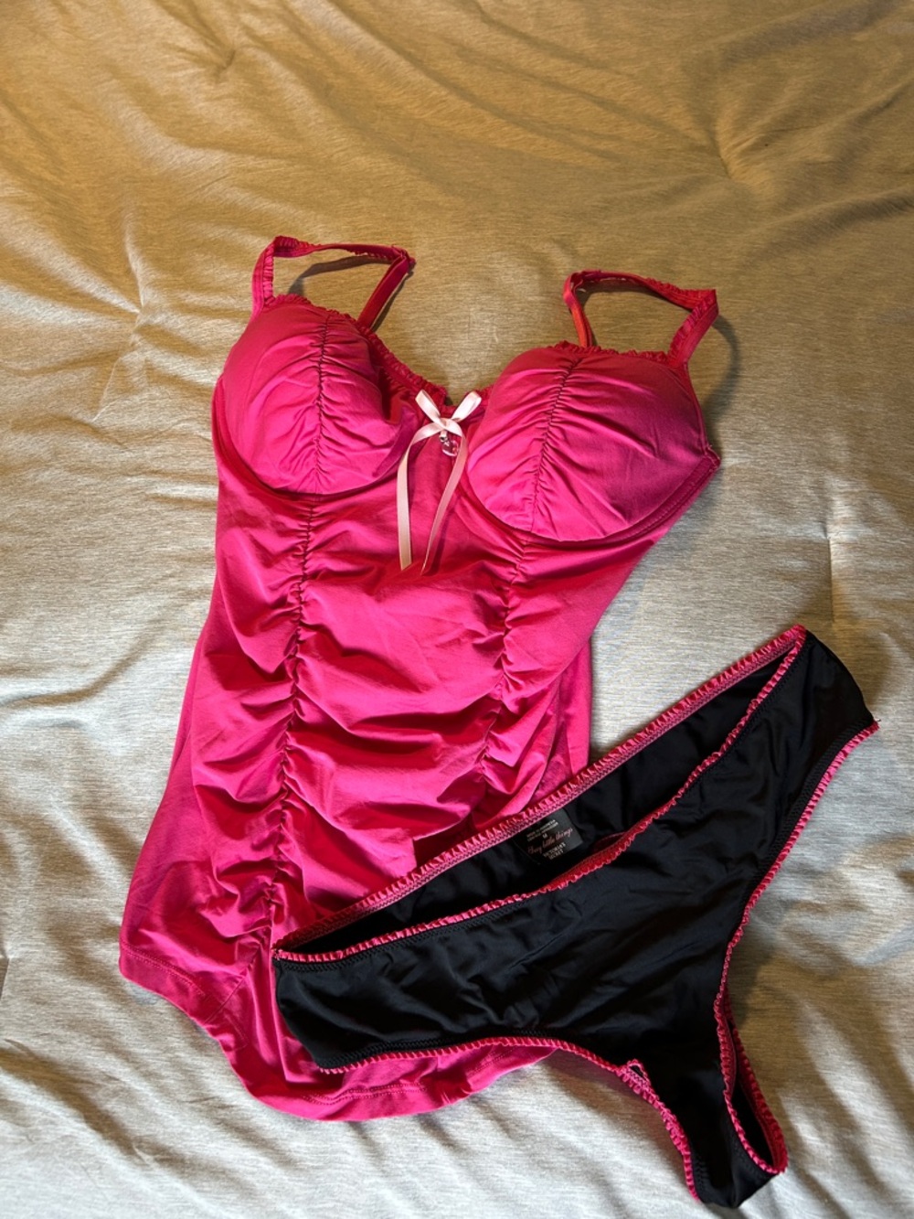 PINK Victoria's Secret Hot Pink Lace-Trim Chemise with Black Bikini